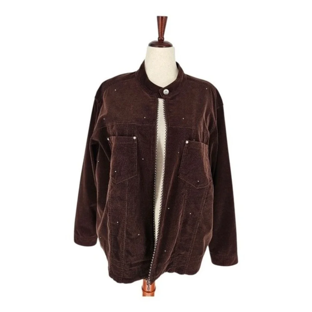 Quacker Factory Corduroy Jacket‎ Womens 2X Brown Rhinestone Mock Neck Zip